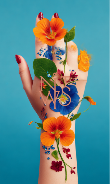 "FLORA FUTURA: Eine Symphonie in Orange & Blau" – Digitaler Kunstdruck