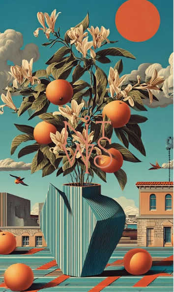 "Terra-Cotta Träume: Eine surreale Reise in Orange & Türkis" – Digitaler Kunstdruck