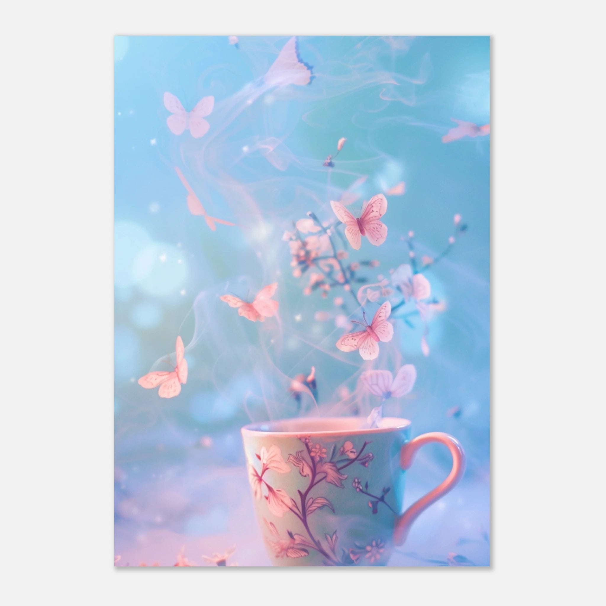 Butterflies & Steam – Surreales Kaffeeposter in Rosa-Blau