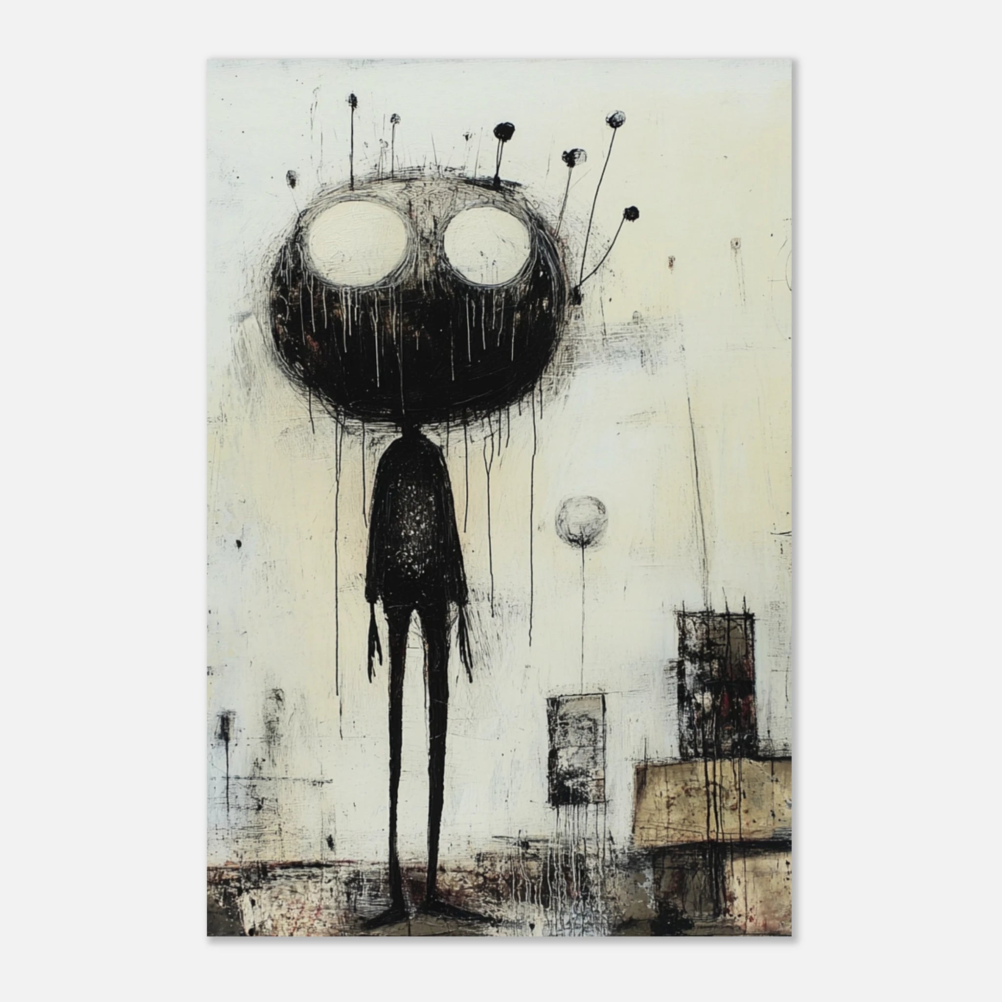 Lost Connection“ – Dunkle Strichfigur auf hellem Hintergrund | Surrealistisches Print-on-Demand Kunstposter