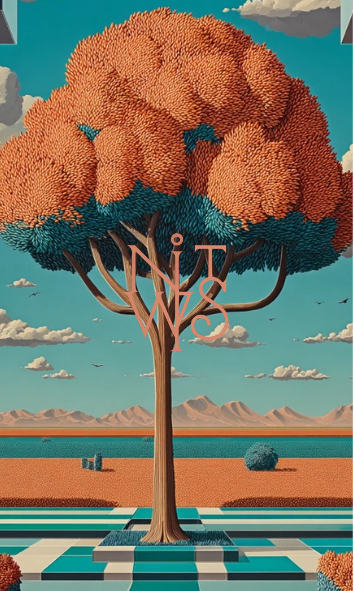 "Terra-Cotta Träume: Eine surreale Reise in Orange & Türkis" – Digitaler Kunstdruck