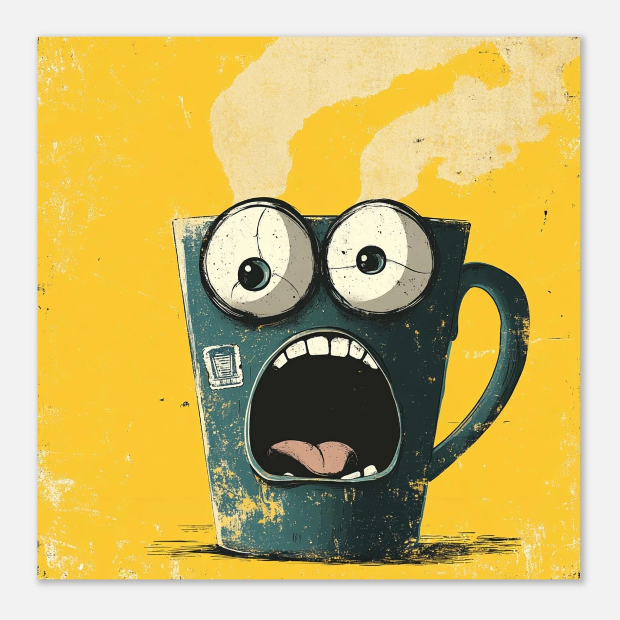 „Kaffee? Welcher Kaffee?!“ – Poster mit Tasse im Panikmodus