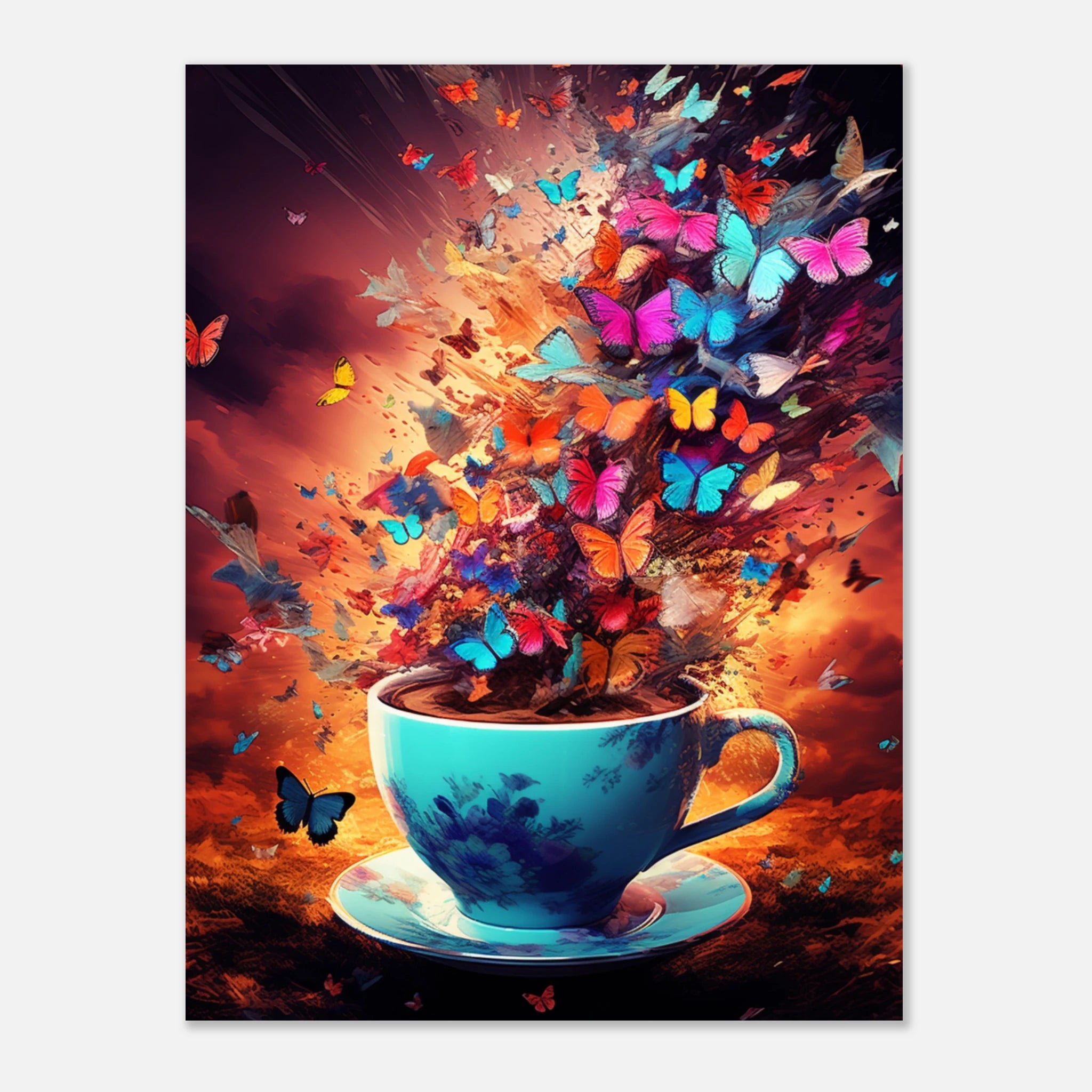Explosive Schmetterlings-Tasse – Surreal bunte Kunst als Wandbild | Digitaler Print