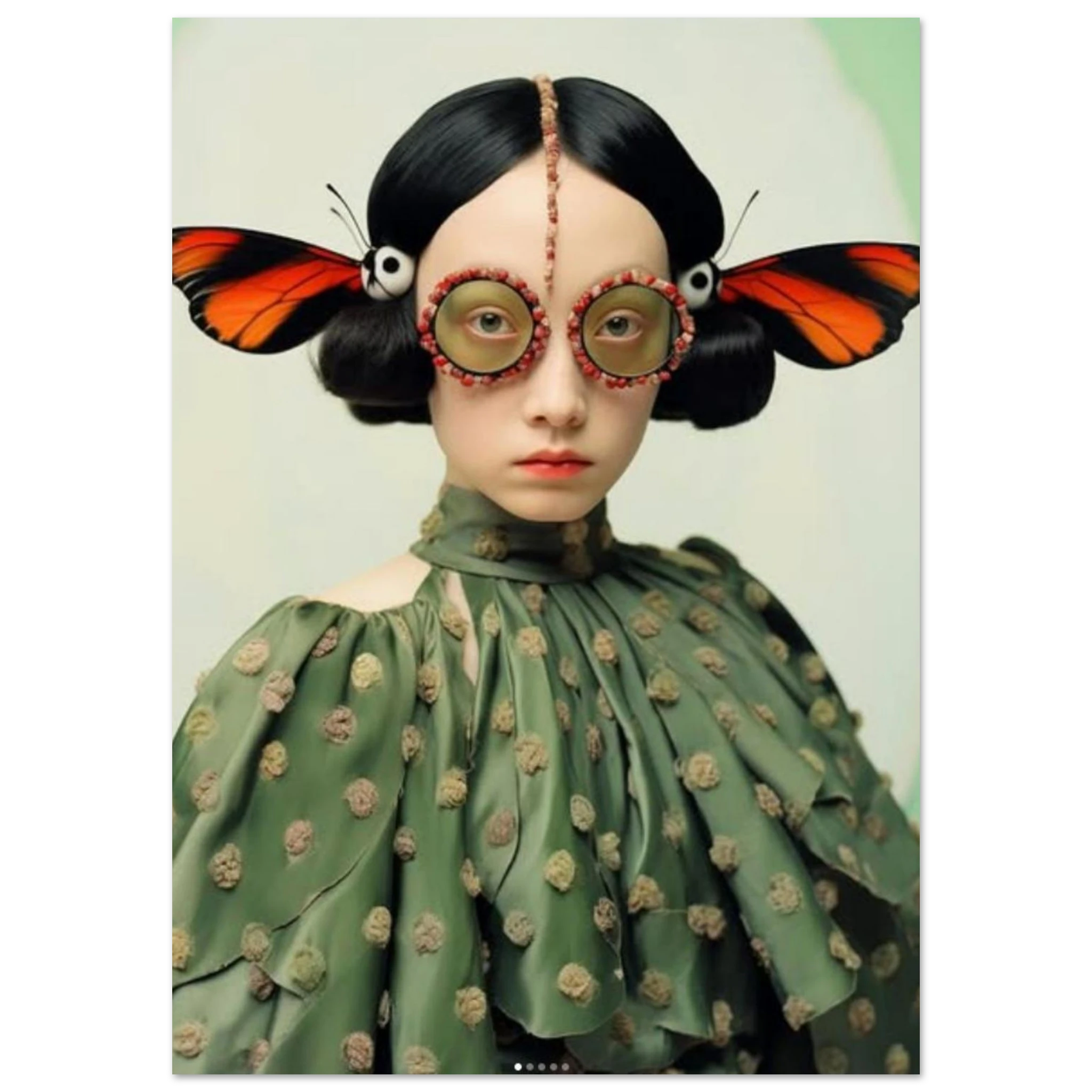 Eine Figur wie aus einem Fabelbuch: Glatte Haut, makelloser Blick, runde Brille aus Schmetterlingskörpern, deren Flügel aus dem Haar wachsen.