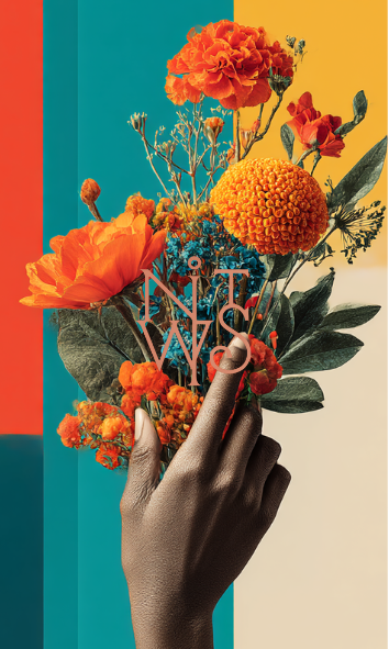 "FLORA FUTURA: Eine Symphonie in Orange & Blau" – Digitaler Kunstdruck