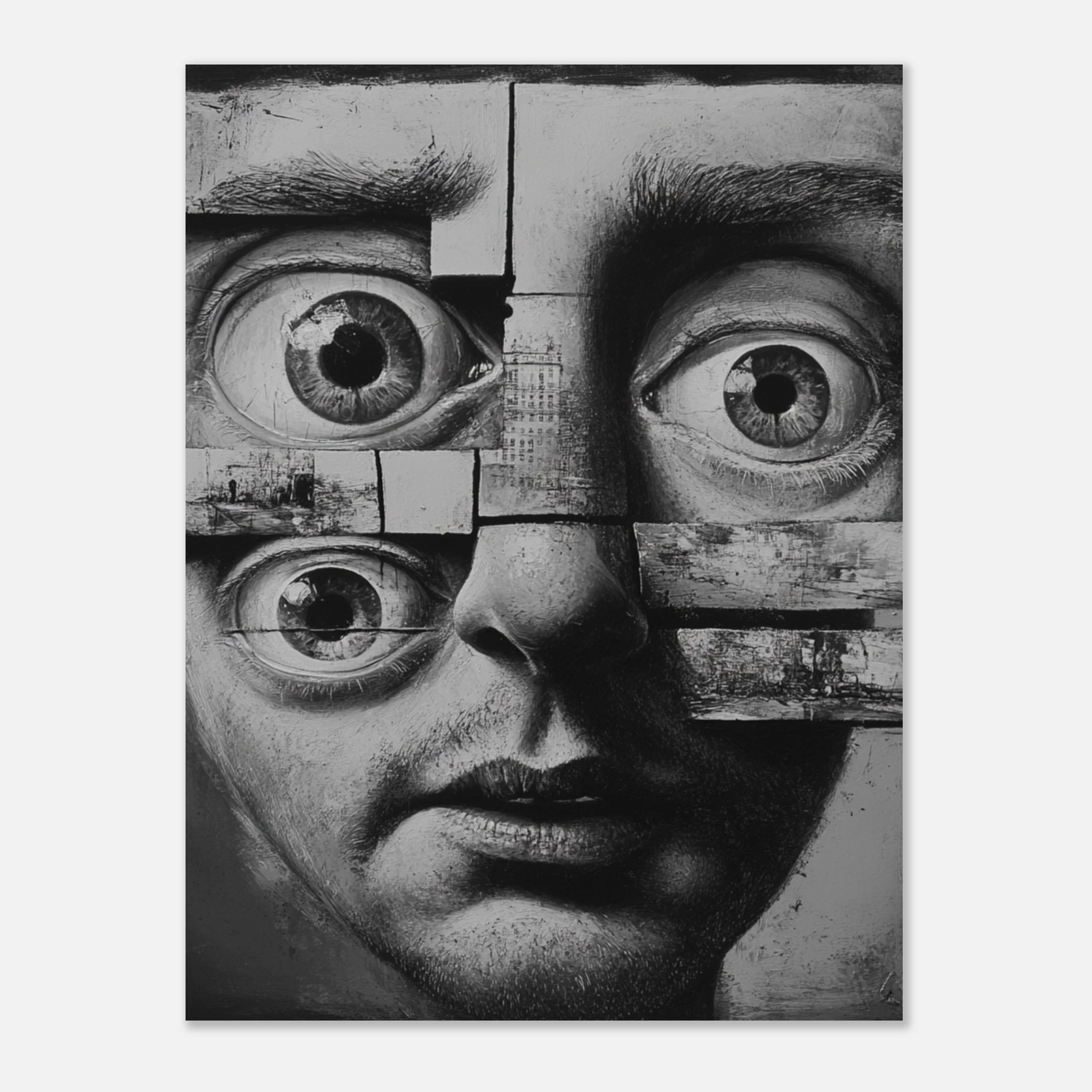 „Zerlegt und gesehen“ – Surreales Porträtkunst-Poster in Schwarz-Weiß | Print-on-Demand | Kein Etsy, kein Digital!