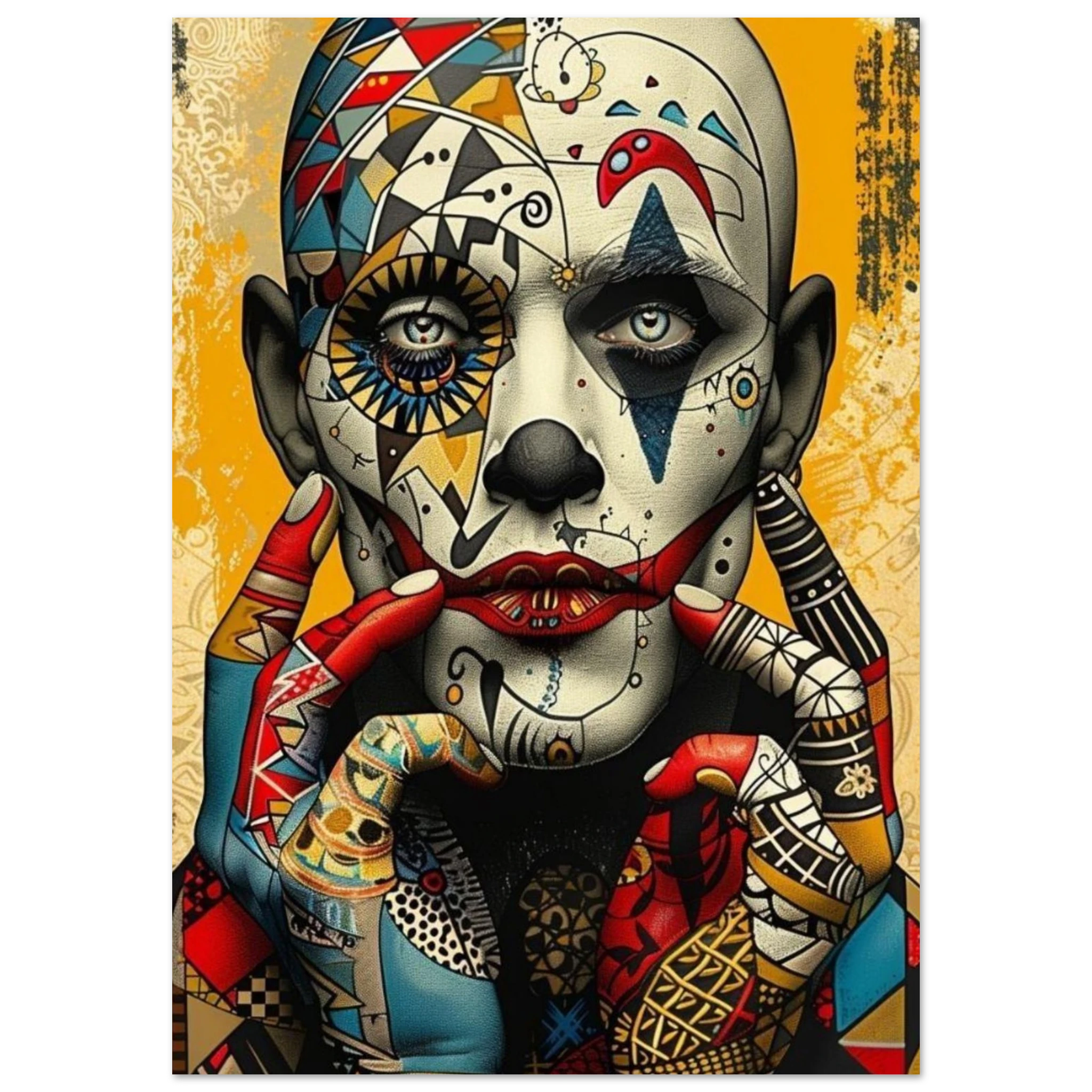 Eine künstlerisch maskierte Gestalt, irgendwo zwischen Harlekin, Tattoo und digitaler Pop-Art.