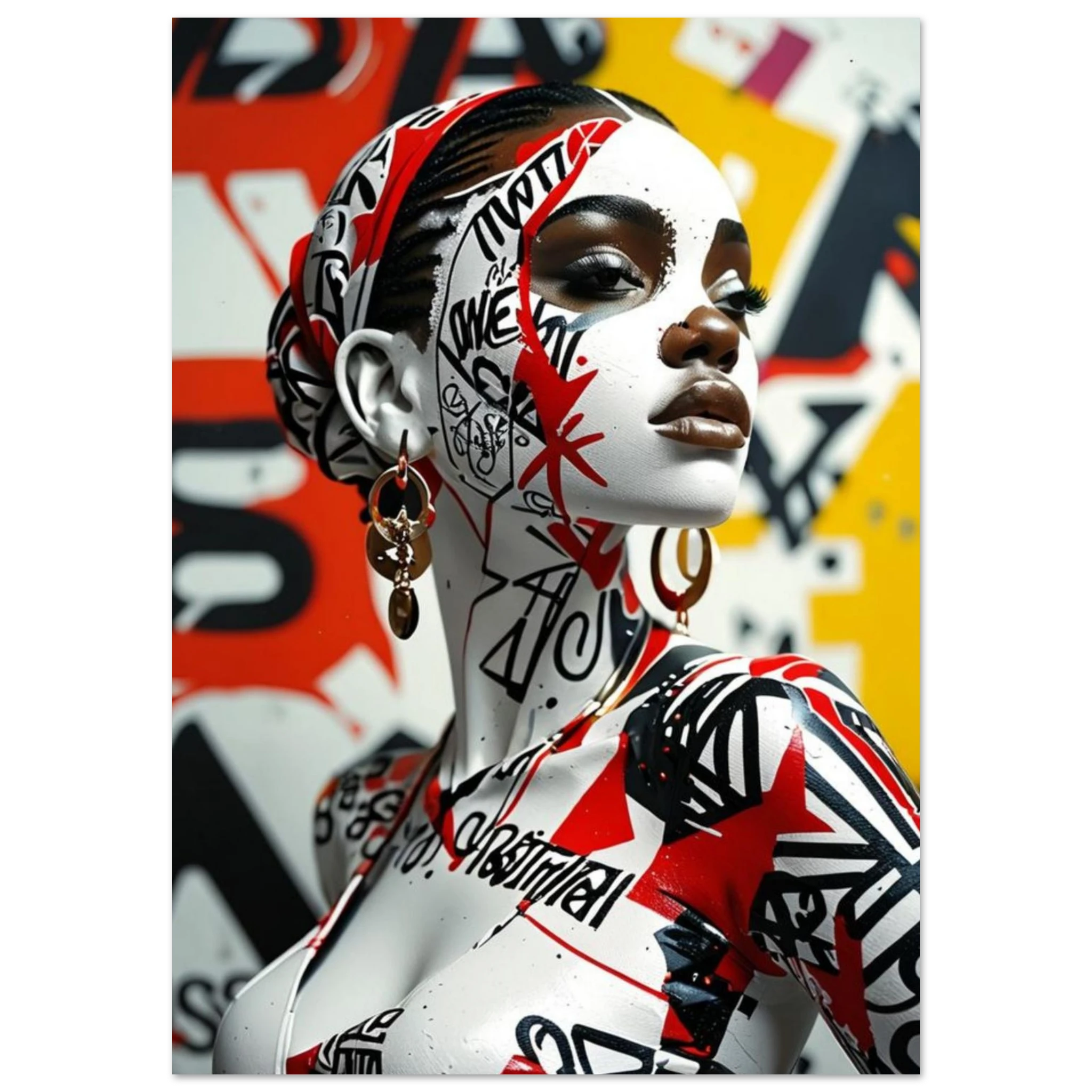 Eine Frau als lebende Leinwand – bemalt mit Typografie, Symbolen, Codes.