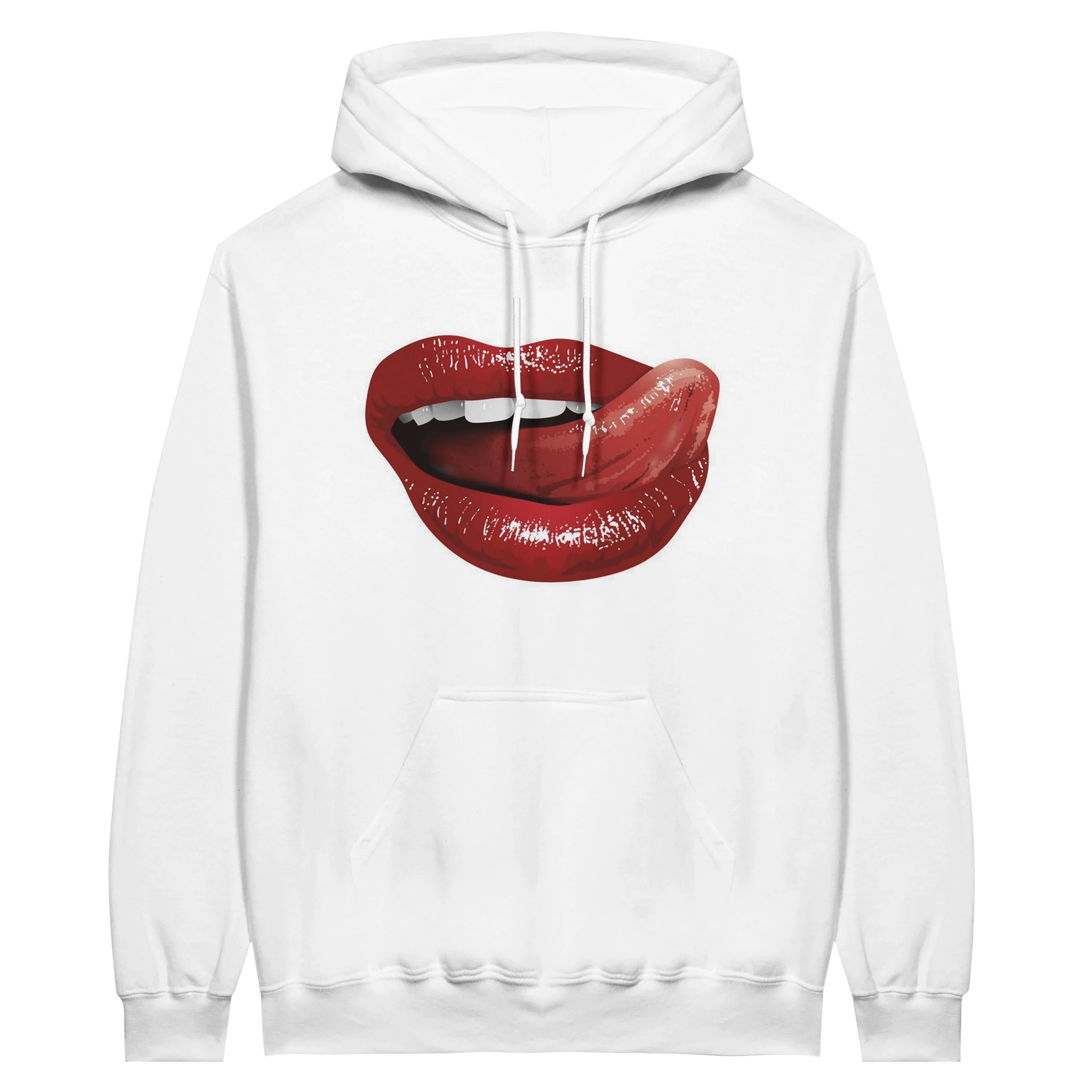 Weißer Hoodie mit Lippen-Design vorn & Logo hinten – Frecher Unisex Pullover in allen Größen