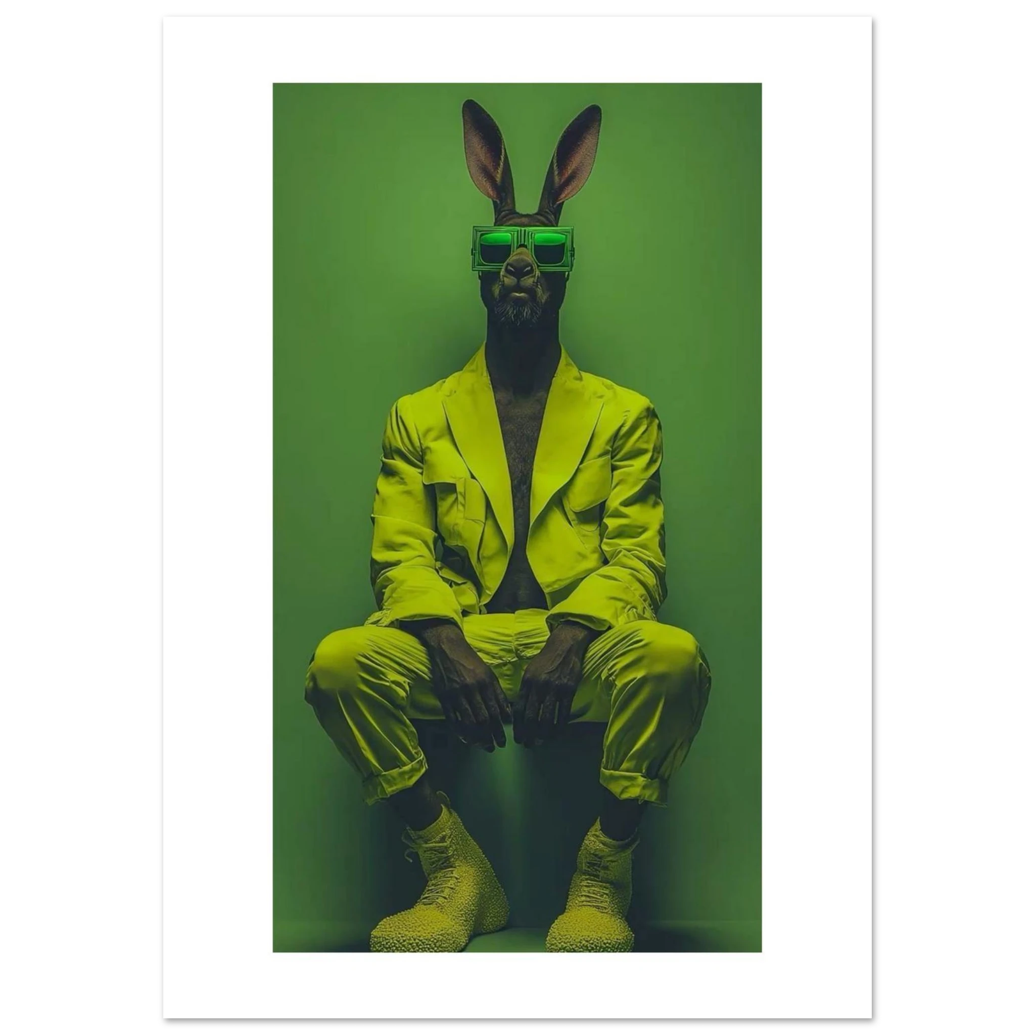 Ein Hase in einem Neonanzug.