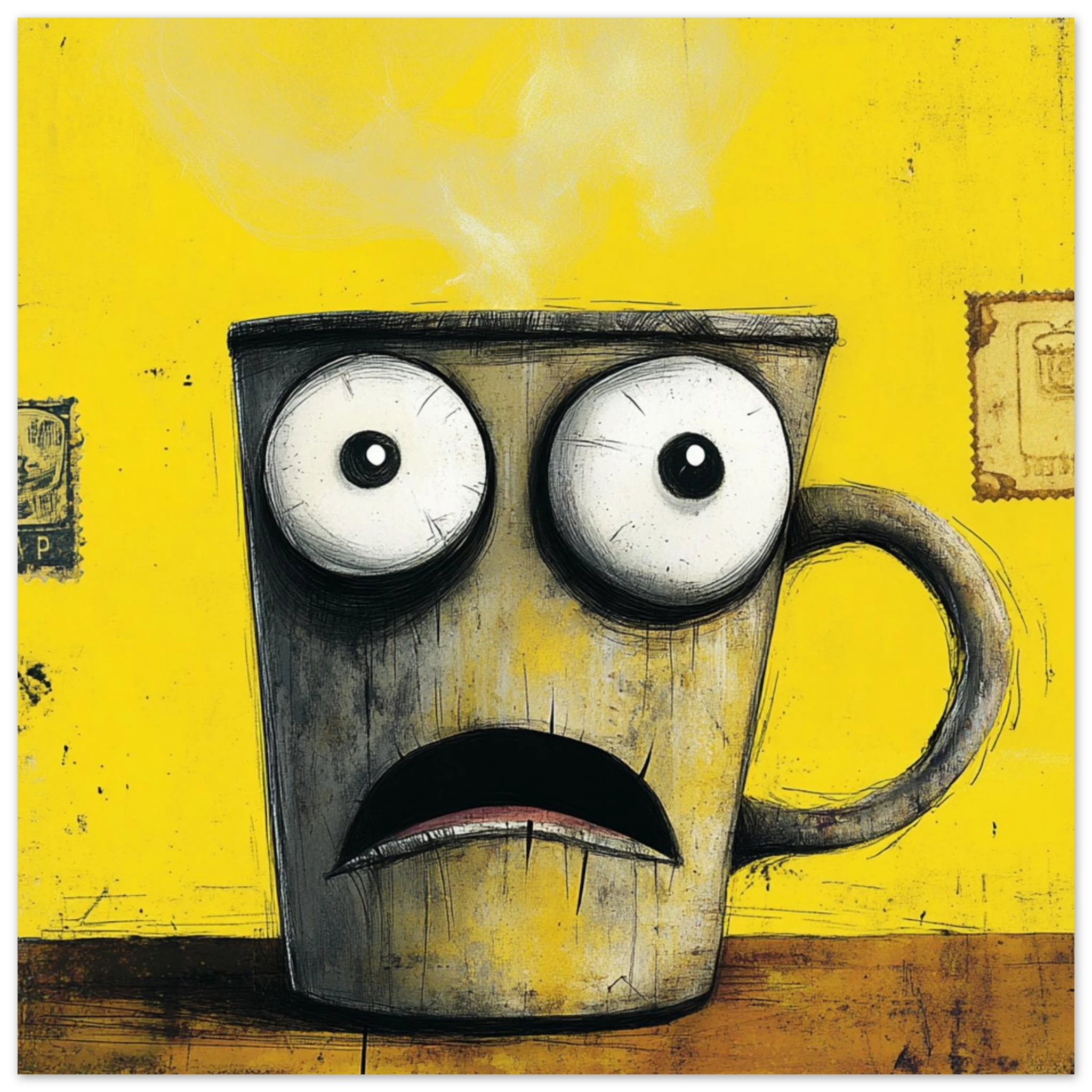 „Tasse der stillen Verzweiflung“ – Surreale Wandkunst mit Koffein-Kollaps