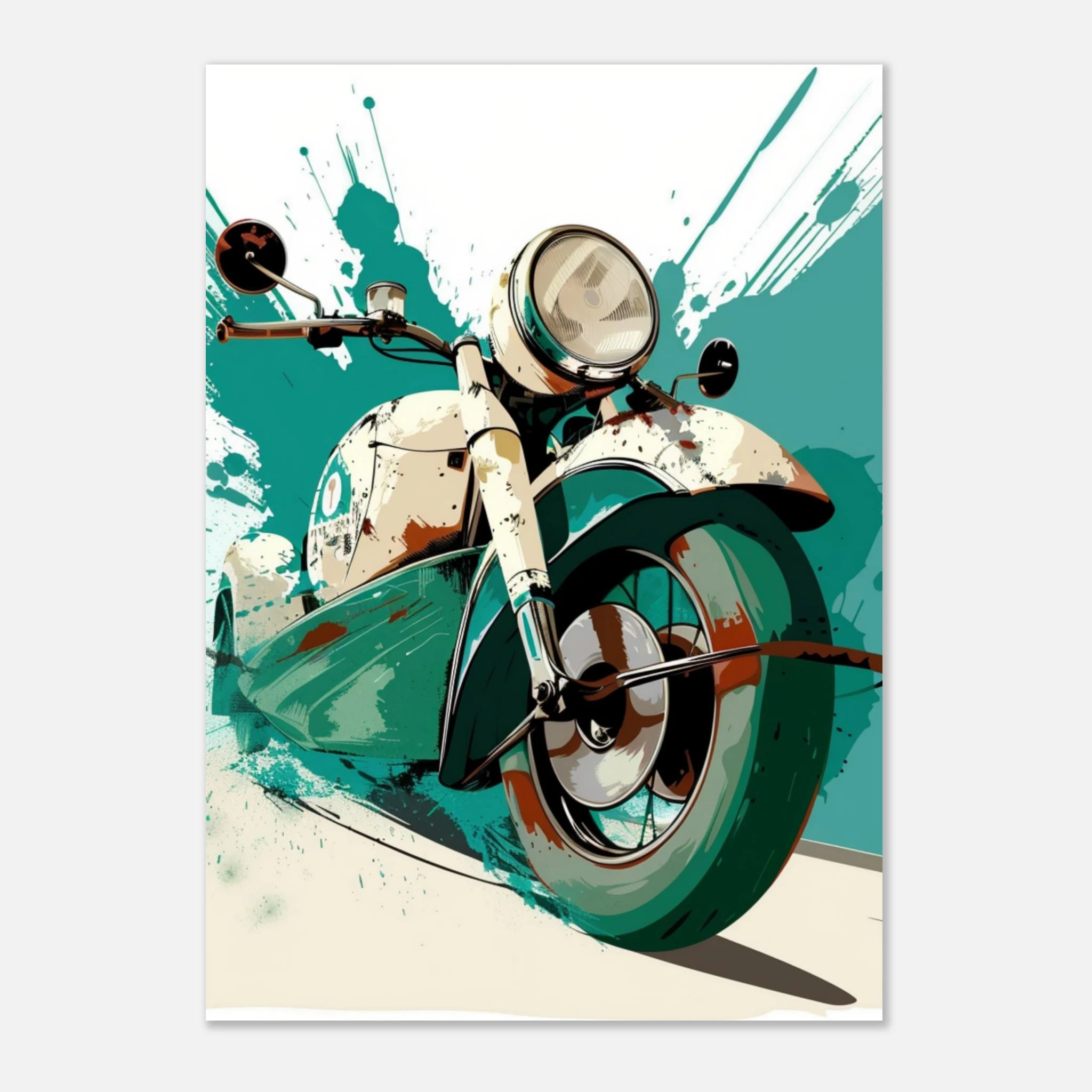 „Ride in Style – Retro Motorroller Poster in Türkis & Creme“