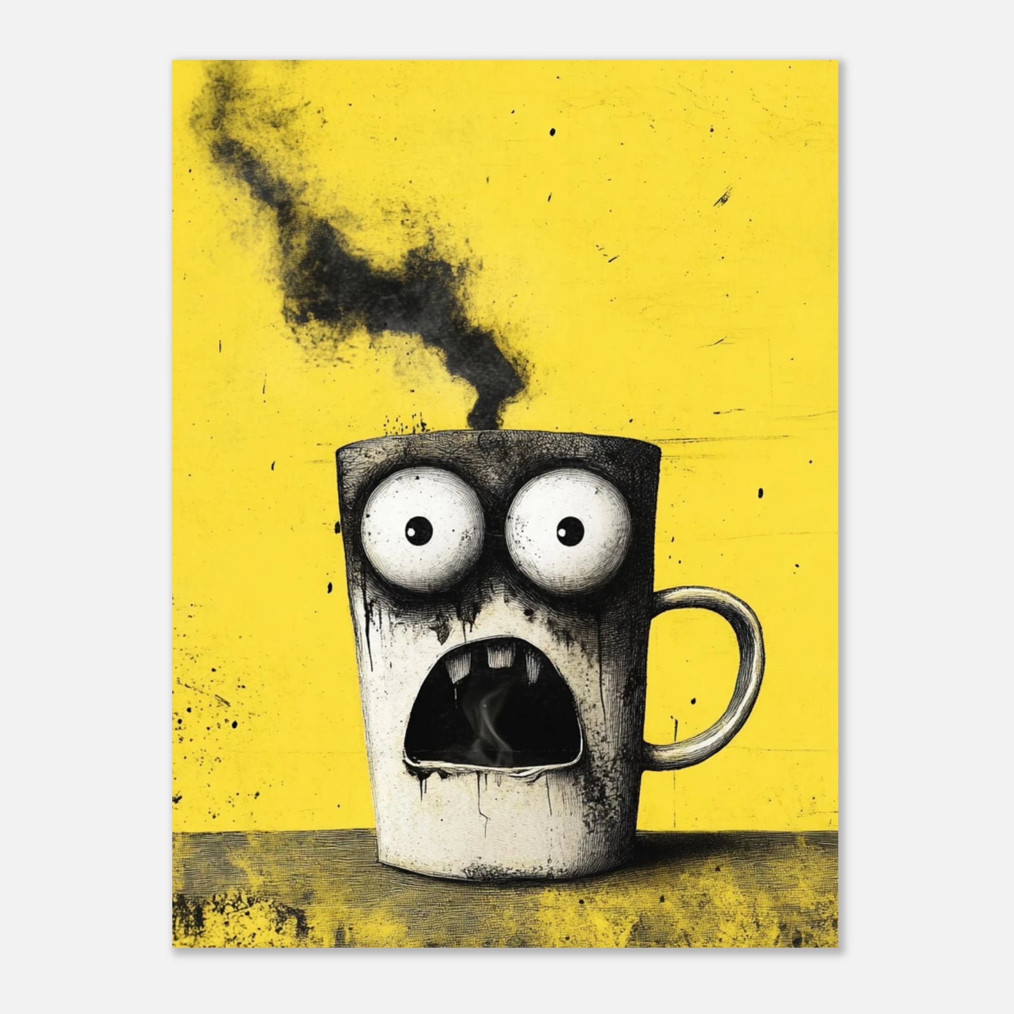 KAFFEESCHOCK – Surreale Tasse mit Burnout-Blick auf Gelb