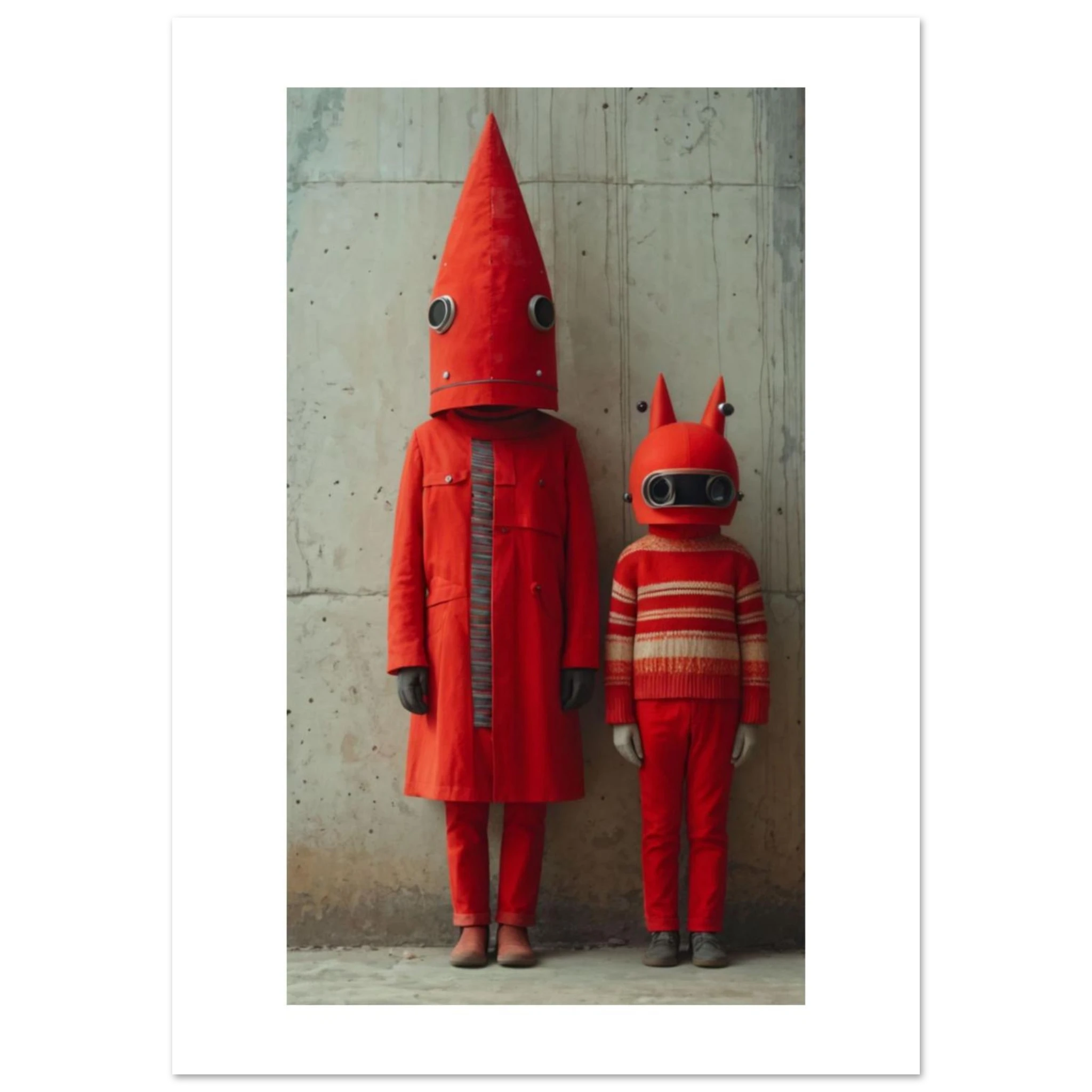 Zwei Figuren, in Rot. Die große mit spitzem Helm wie ein Alien aus einem Retro-Future-Film.