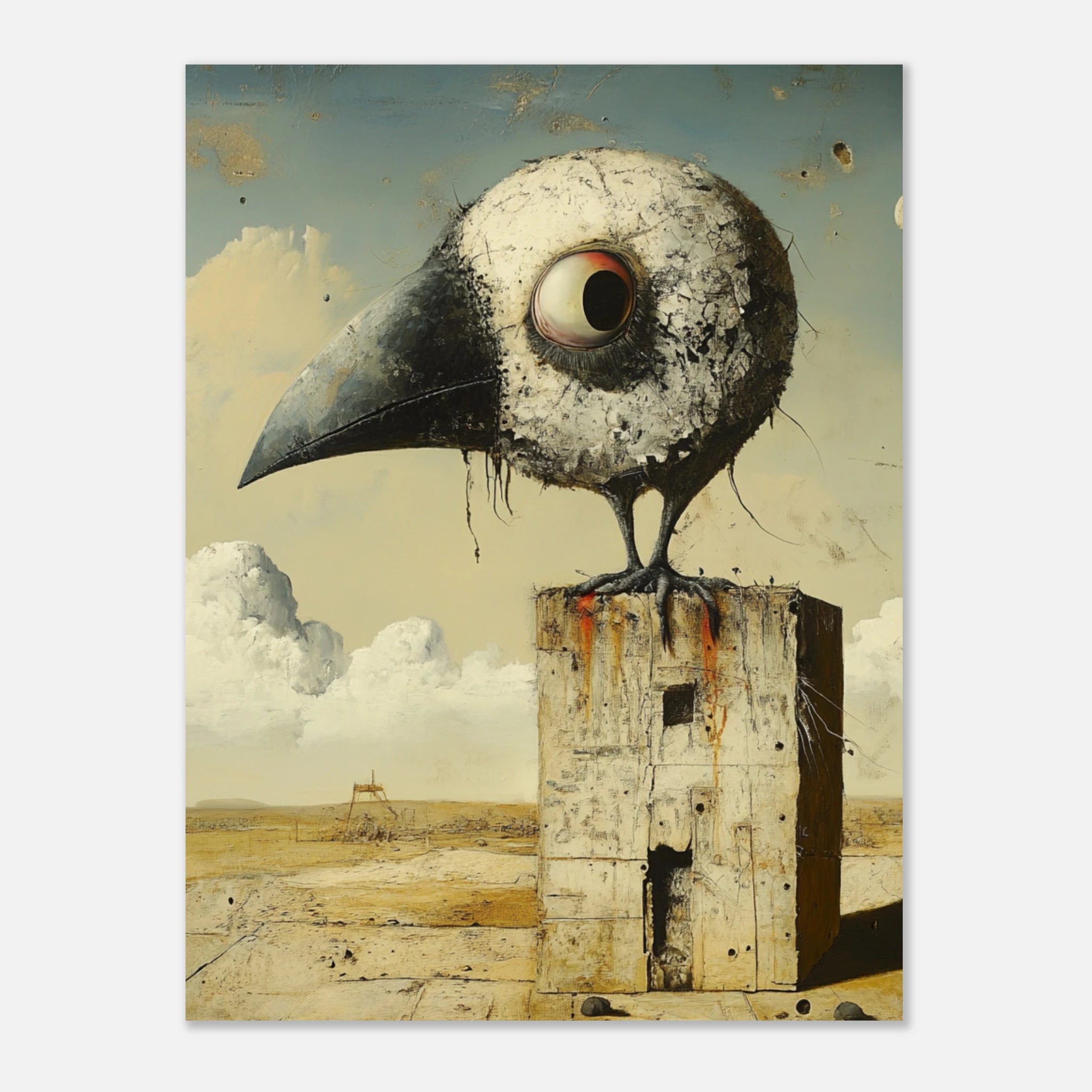 Wächter der Leere – Surrealistischer Vogel auf Betonsockel