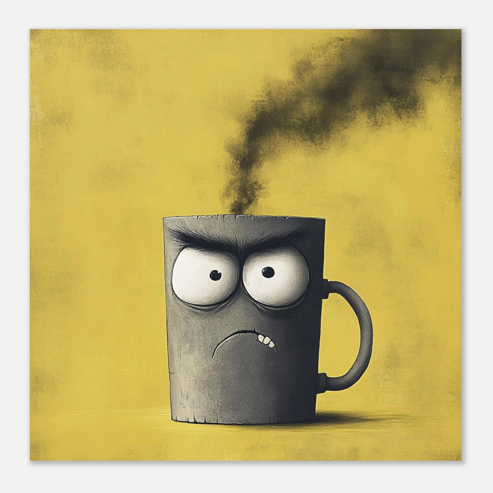 „Lass. Mich. Kaffee.“ – Poster mit grantiger Tasse im Dampfausbruch